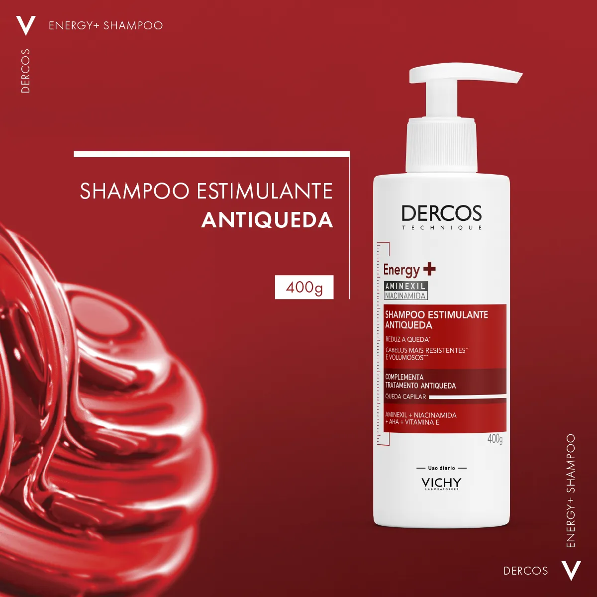 Shampoo Estimulante Tratamento Antiqueda para Cabelos Fracos e Quebradiços, Fortalece os Fios com Aminexil, Niacinamida e Vitamina E, Dercos Energy+ Vichy 400g - Imagem 2