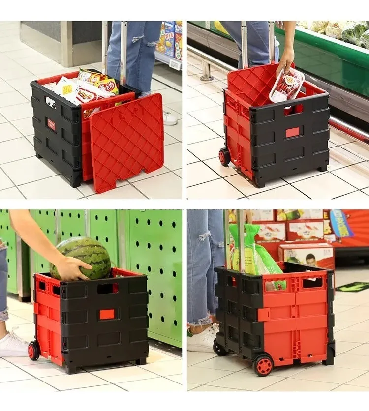 Carrito de compras plegable que se convierte en una caja de maletín con tapa de color negro con naranja