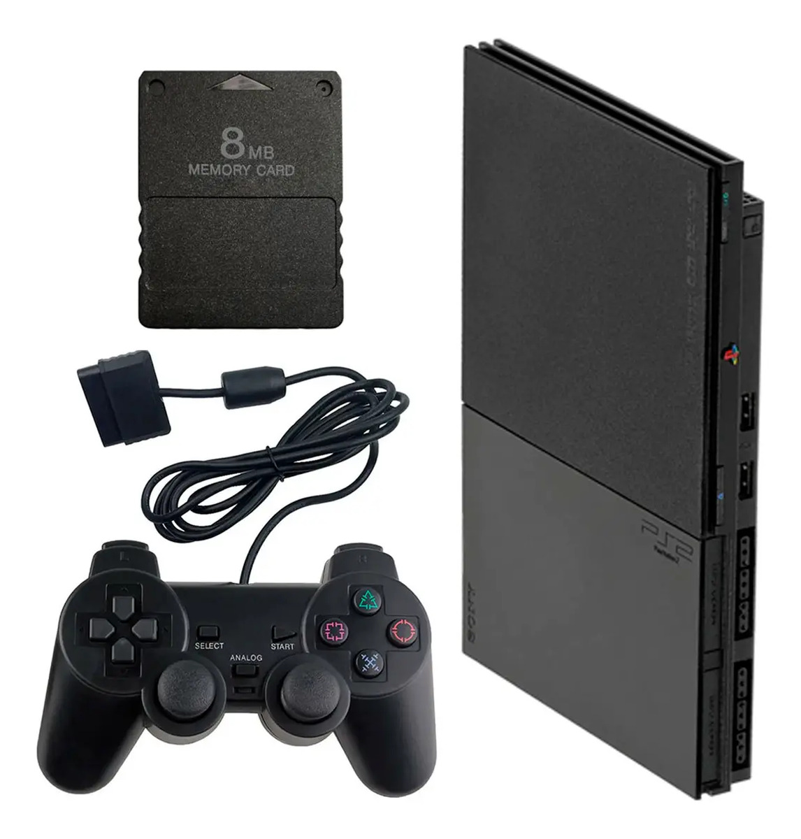 Console PS2 Slim preto com cabos, controle e memory card (recondicionado)