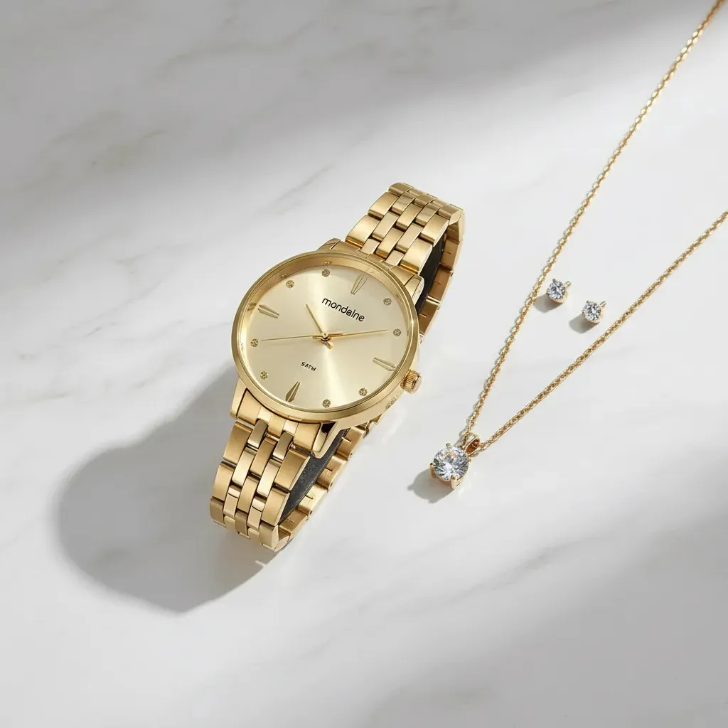 Kit Relógio Feminino Mondaine Dourado Grande Aço Analógico Resistente a Água com Colar e Brincos Semijoias 32598lpmkde1k1