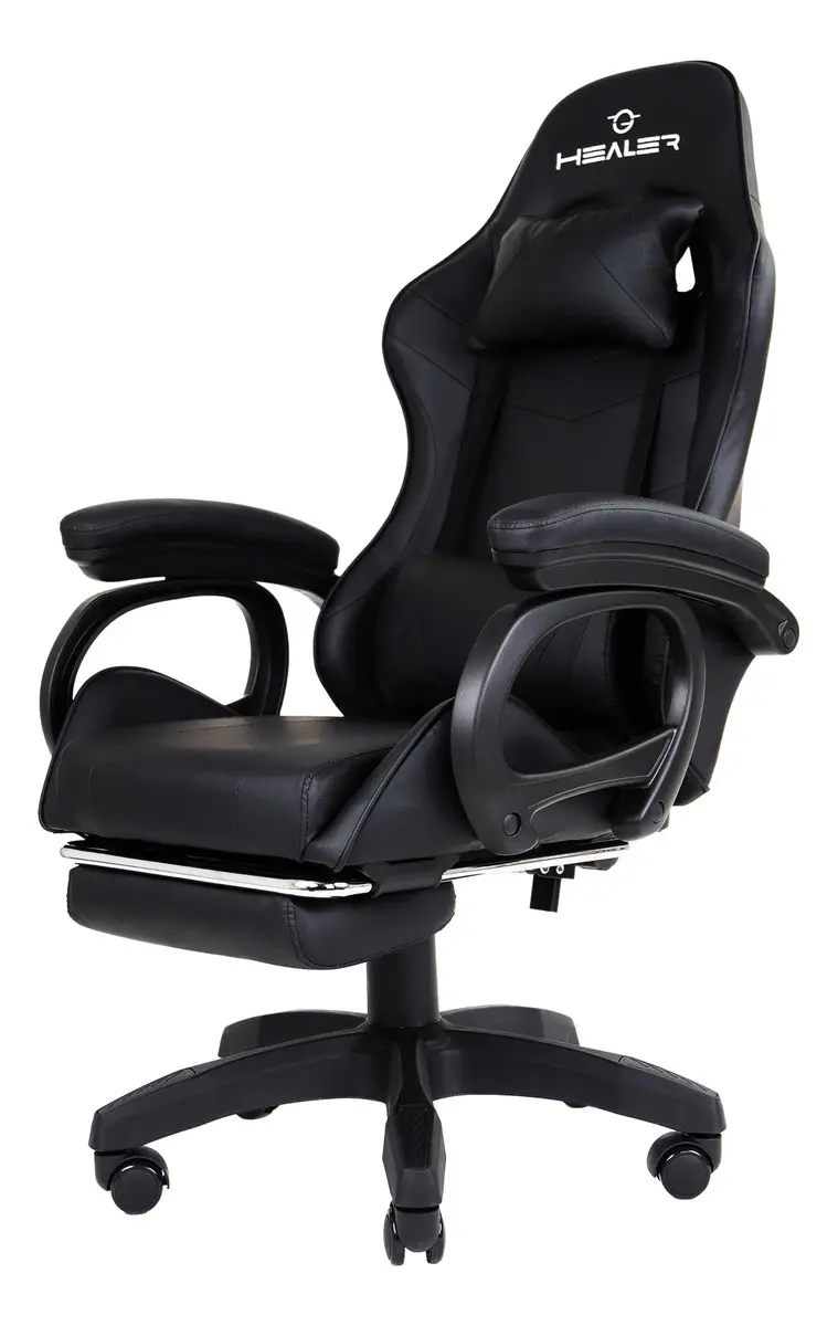 Cadeira Gamer Preto Healer Level Reclinável Com Apoio Pés Couro Sintético