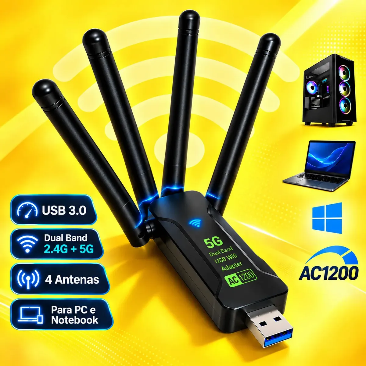 Adaptador Wifi Usb 3.0 Dual Band 4 Antenas Ac1200 5g Para Pc E Notebook | Placa De Rede Wireless Gigabit 2,4ghz 5ghz Função Ap Gamer