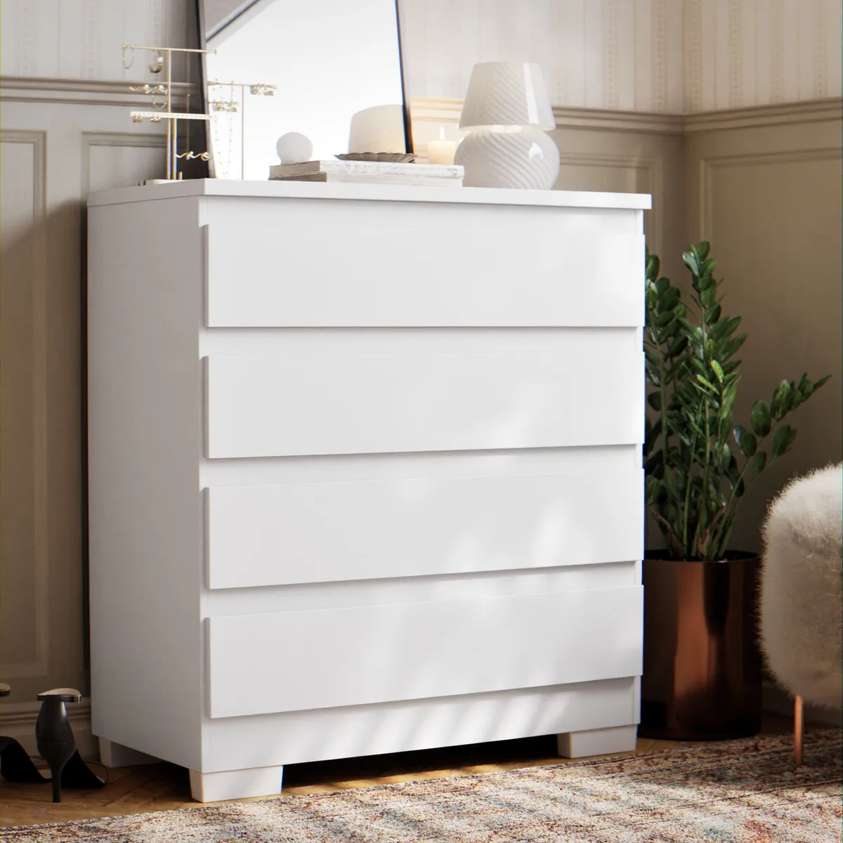 Cômoda Imperial 4 Gavetas Branco e Nature Off White Quarto MDF MDP Moderna Compacta Organização Roupas Linho Sapatos Infantil Juvenil Adulto