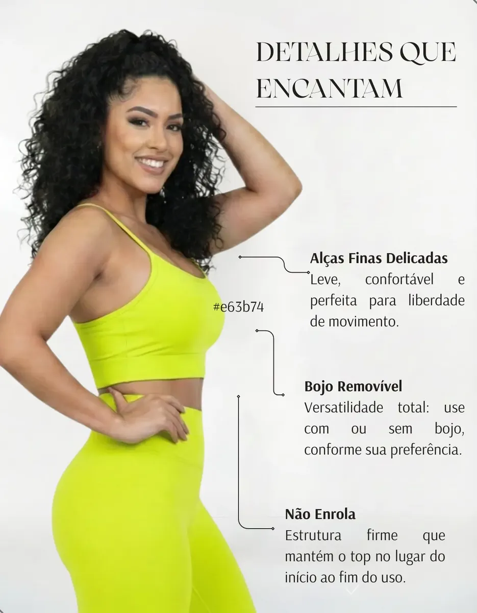 Modelo de perfil mostrando detalhes técnicos do top fitness com alças finas e bojo