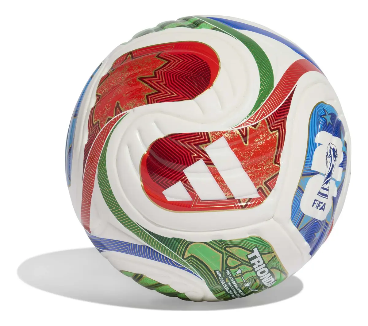 Vista lateral da minibola Adidas Trionda destacando as listras icônicas da marca e detalhes em vermelho e verde.