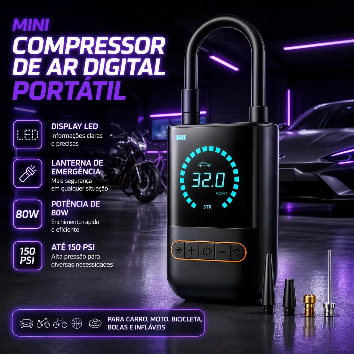 Compressor de Ar Portátil Blackone 150 psi Bateria 4000mah Para Veículos