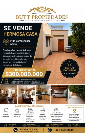 Venta Casa Villa Lomashuasi, Calama