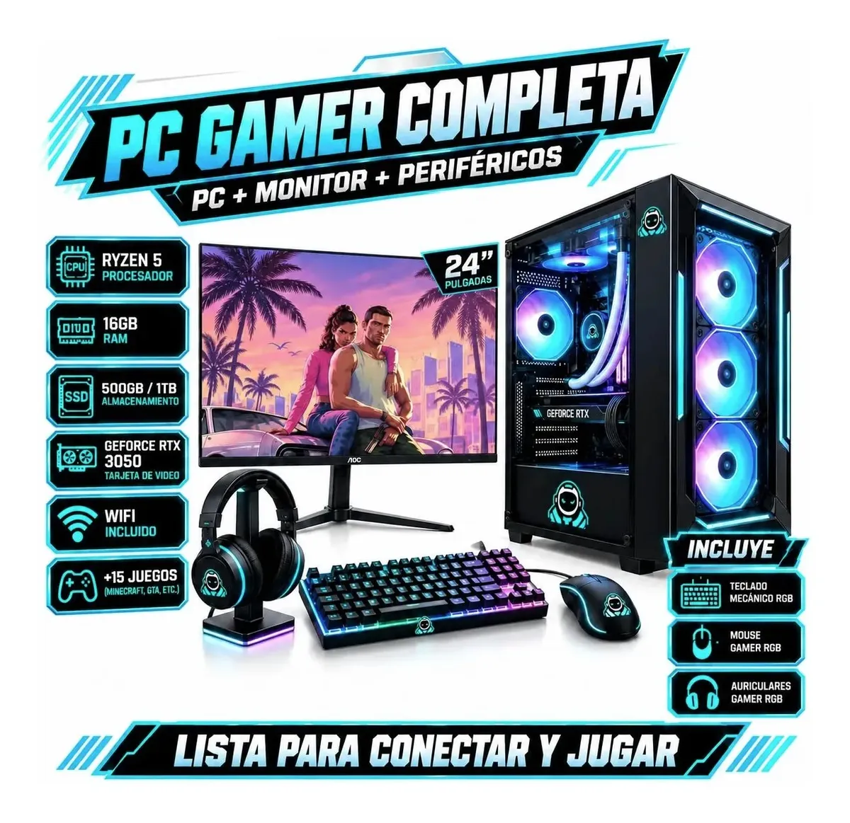 Pc Gamer Completa Ryzen 5 3500x Rtx 3050 16gb Monitor 24