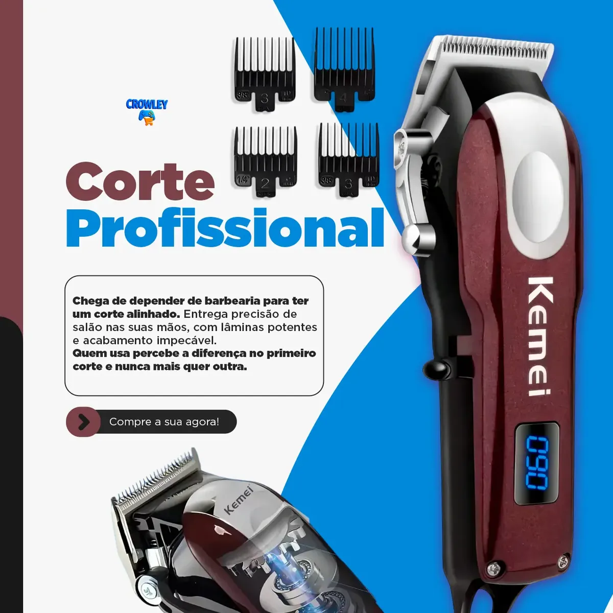Maquina de Cortar Cabelo Profissional Kemei KM-2606 Bivolt Bordô — foto 3