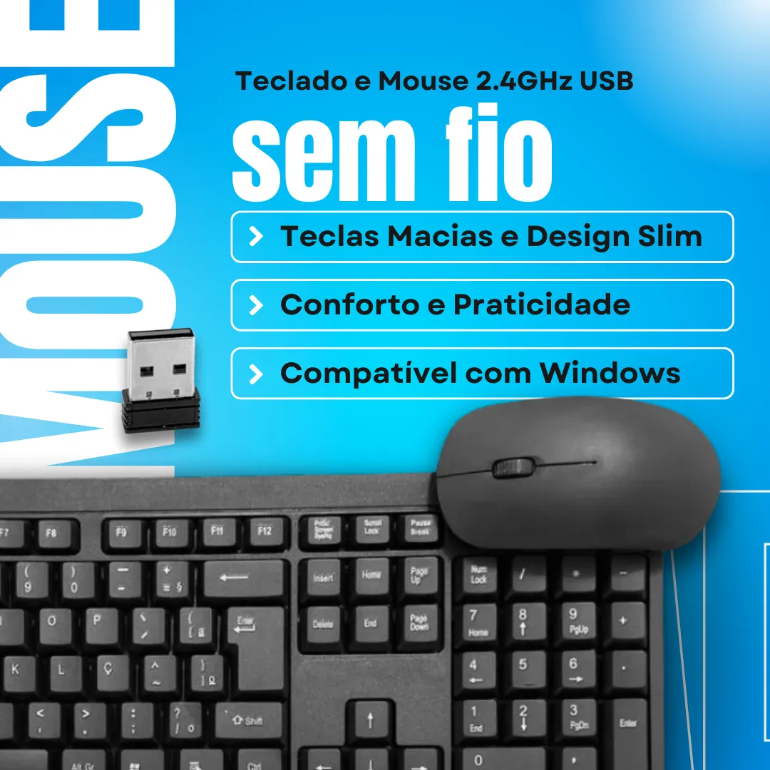 Kit Teclado E Mouse Sem Fio Ergonômico Português Brasil Abnt2 Teclas Macias Adaptador Usb Cor Preto Campinas Store - Imagem 4