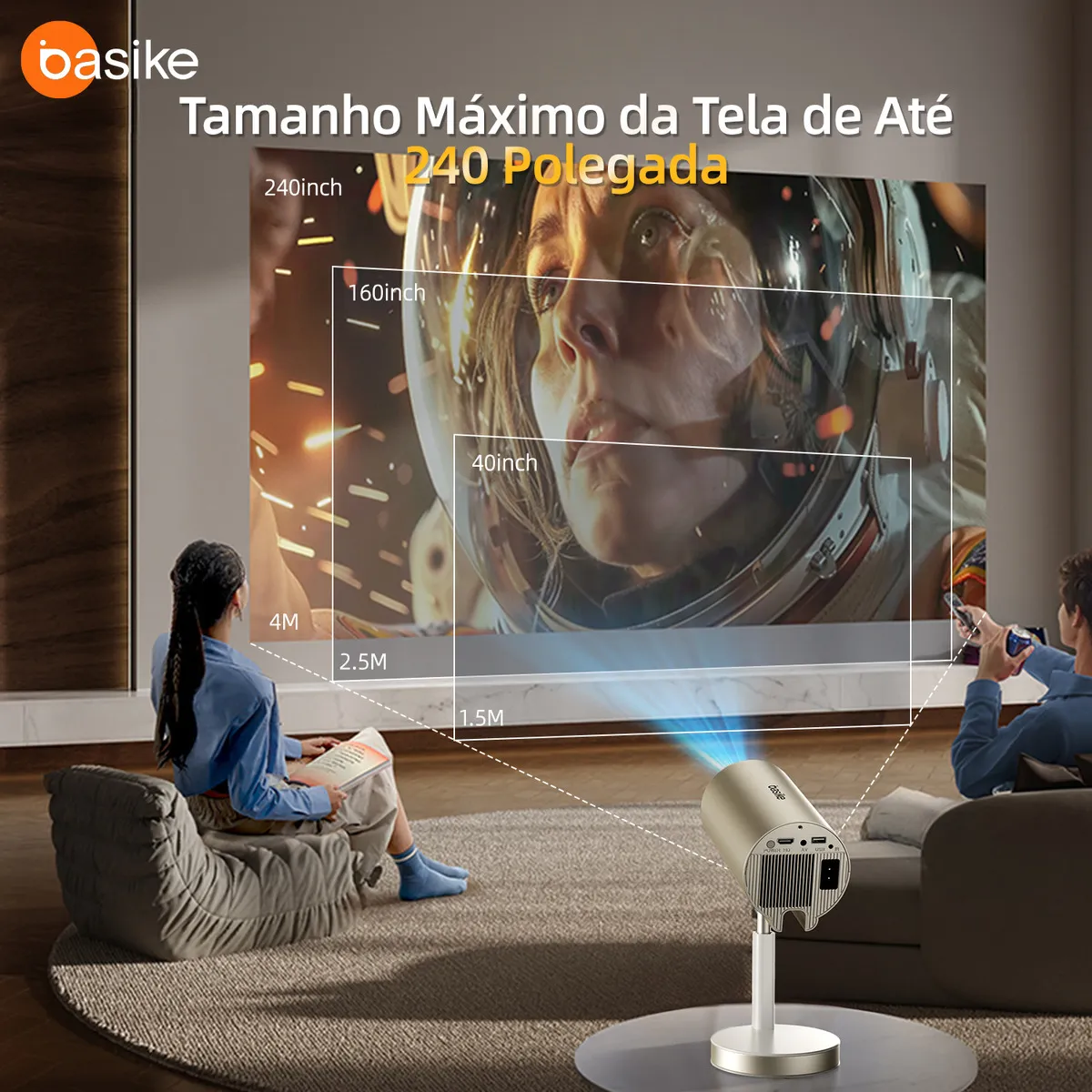 Projetor Inteligente Basike Telescópico com Wi-Fi e Bluetooth, 4K Ultra HD/1080P Full HD, Projeção de 240 Polegadas, Instalação Invertida + Rotação 90°, Compatível com HDMI/USB/Smartphone/PC/Notebook