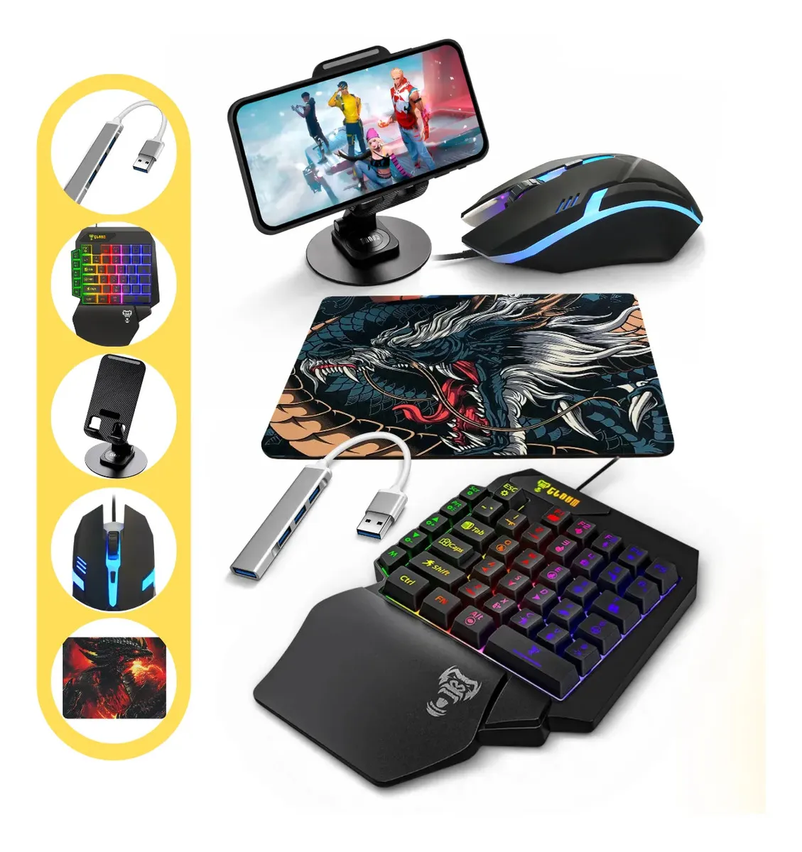 Kit Gamer Mobilador Mageon Teclado Uma Mão RGB Mouse 2400DPI