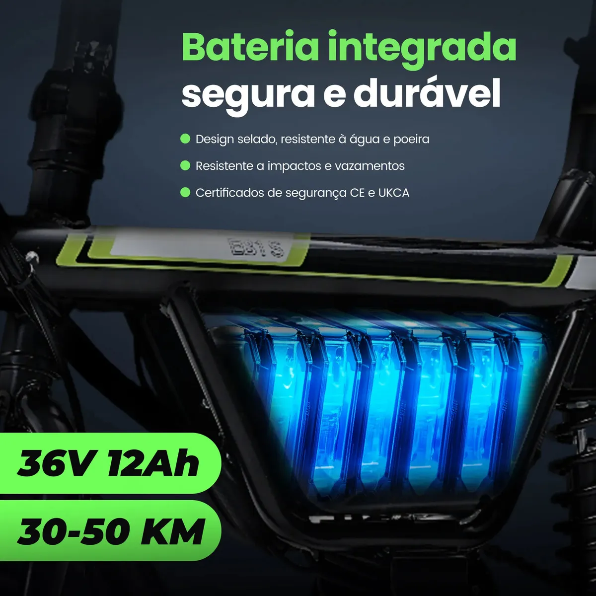 Visão aproximada da bateria integrada de 36V 12Ah da bicicleta elétrica Xroymexroy Eb1s, com células iluminadas em azul e informações sobre seu design seguro e durável.