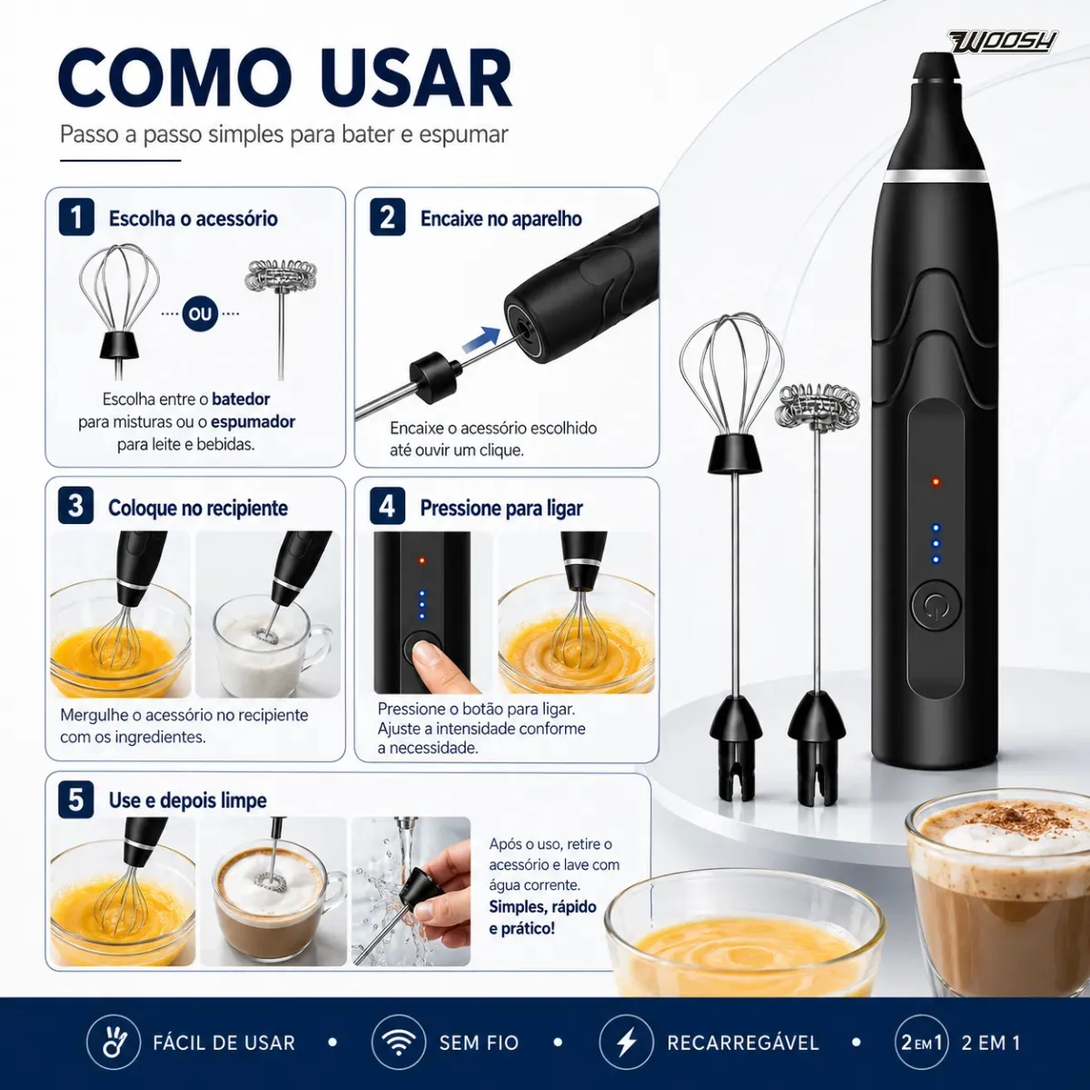 Mini mixer Woosh com as duas hastes incluídas