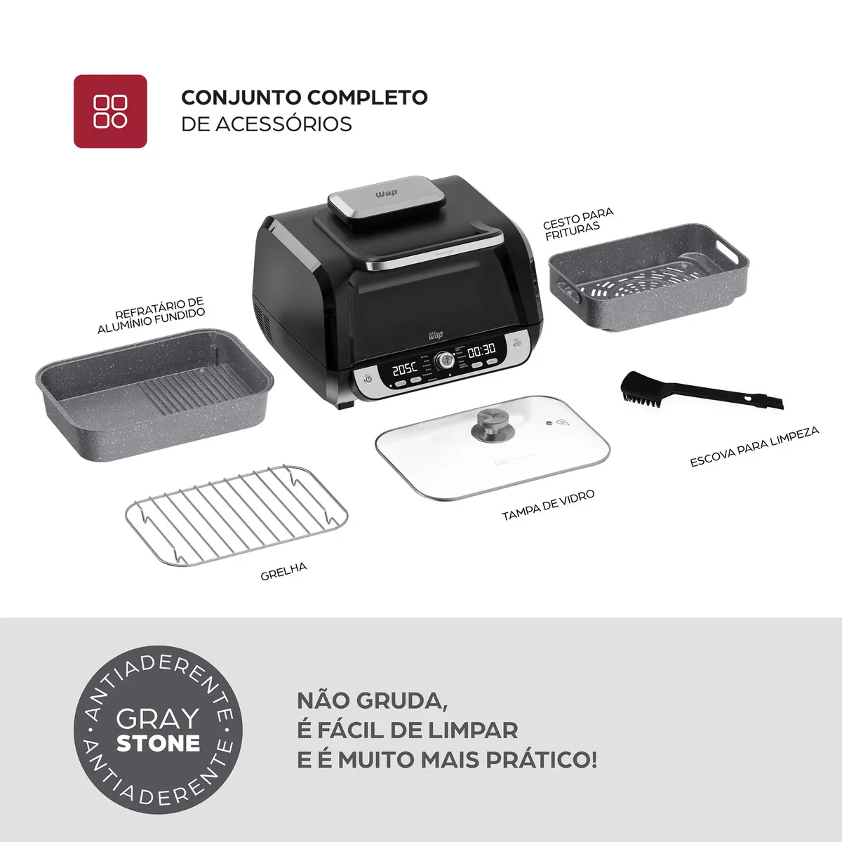 Visão geral dos acessórios inclusos na Wap Barbecue incluindo grelha, cesto de frituras, refratário de alumínio, tampa de vidro e escova.