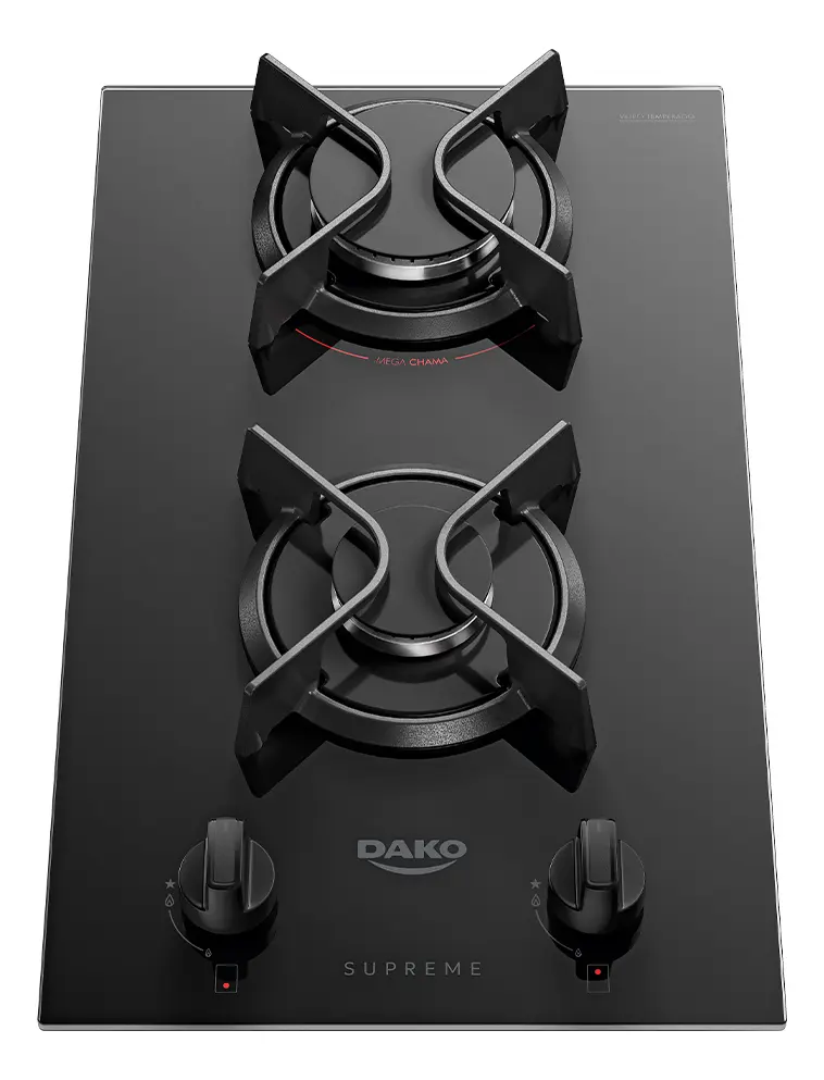 Cooktop A Gás Dako Supreme 2 Bocas Mesa Vidro Temperado Preto