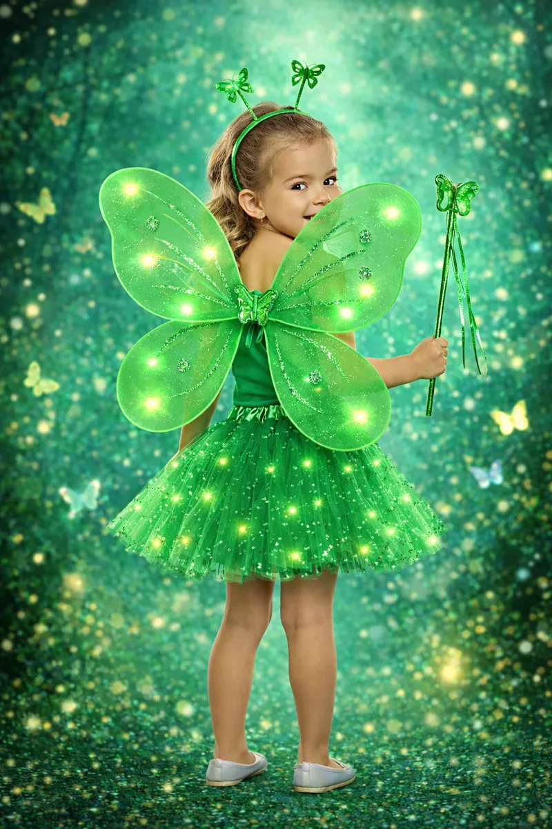 Fantasia Fada Borboleta Asas E Saia C/ Led + Tiara + Varinha Verde Único