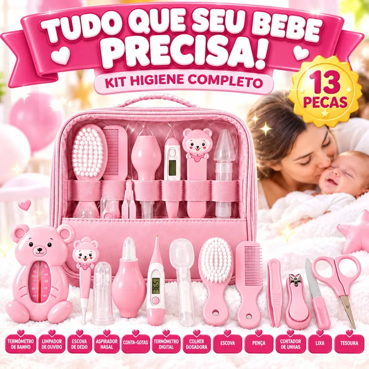 Kit Higiene Cuidados Bebê Rosa Recém Nascido Completo 13 Peças Bolsa Maternidade Termômetro Digital Aspirador Nasal Escova Pente Cortador De Unha Azul Menino Chá De Bebê Presente Louis Riel Acustico