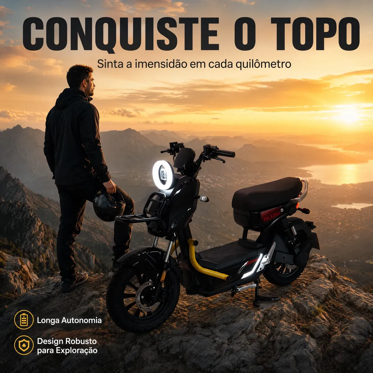 Homem em pé ao lado da bicicleta elétrica Zt137 em um pico de montanha ao pôr do sol