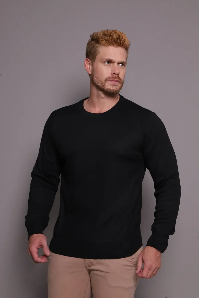 Suéter Masculino Gola U Preto Basic Tricot Blusa Manga Longa