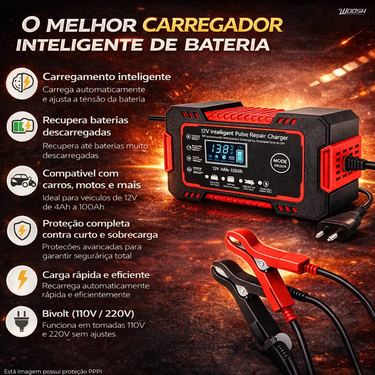 Carregador de bateria automotiva Woosh com display digital, garras jacaré e funcionamento bivolt 110V/220V