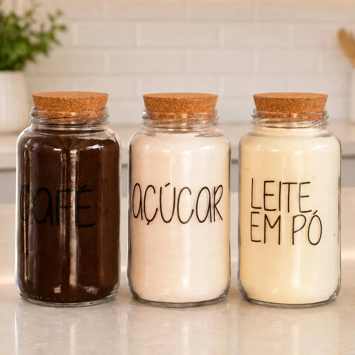 Kit 3 Potes De Vidro 810ml - Tampa De Rolha Cantinho Do Café Cor Café Açúcar Leite Em Pó