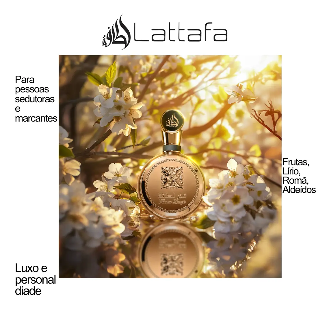 Frasco de perfume Fakhar Gold cercado por flores brancas em ambiente iluminado