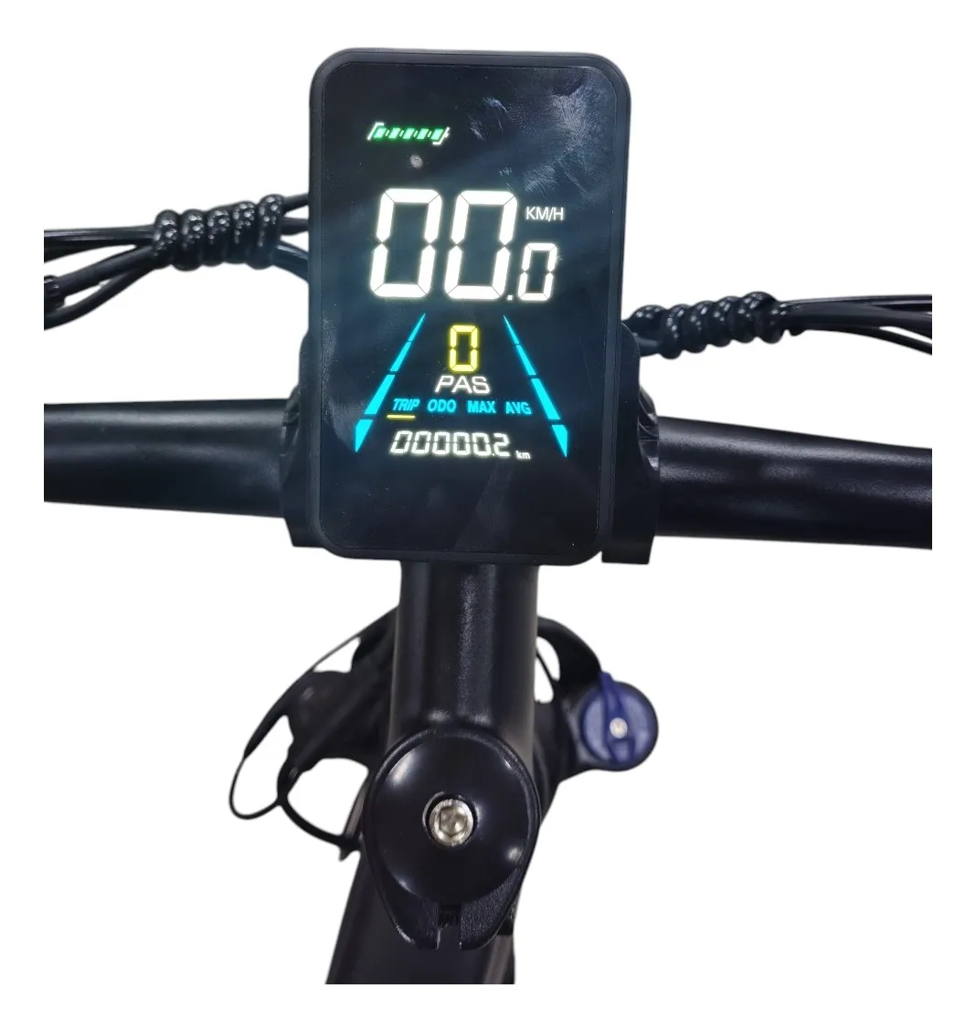 Painel digital da bicicleta elétrica Amxi S16 exibindo velocidade, distância e modo de assistência