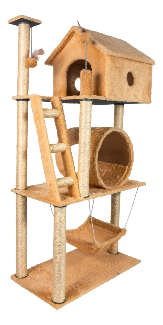 Arranhador Gato Casa Três Andares Com Rede E Escada E Túnel Cor Bege - Imagem 3