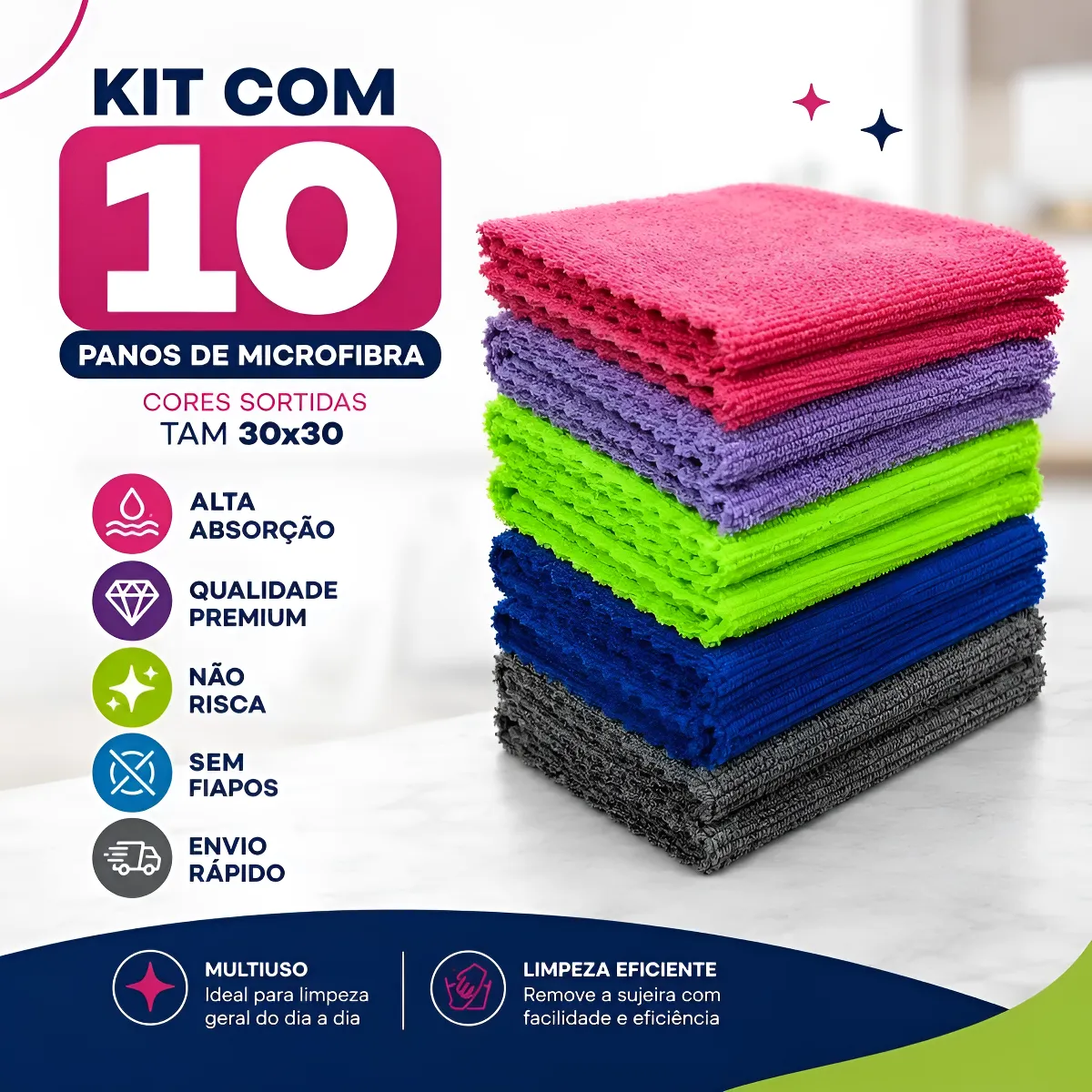 Kit 10 Panos Microfibra Alta Absorção Multiuso Não Risca