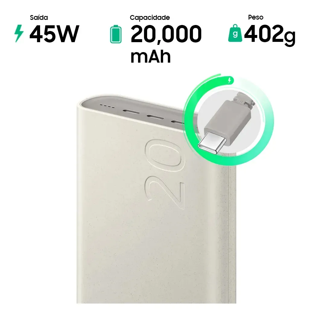 Bateria Carregador Portatil 3x Usb-c 20000mah Super Rapida 45w Bege