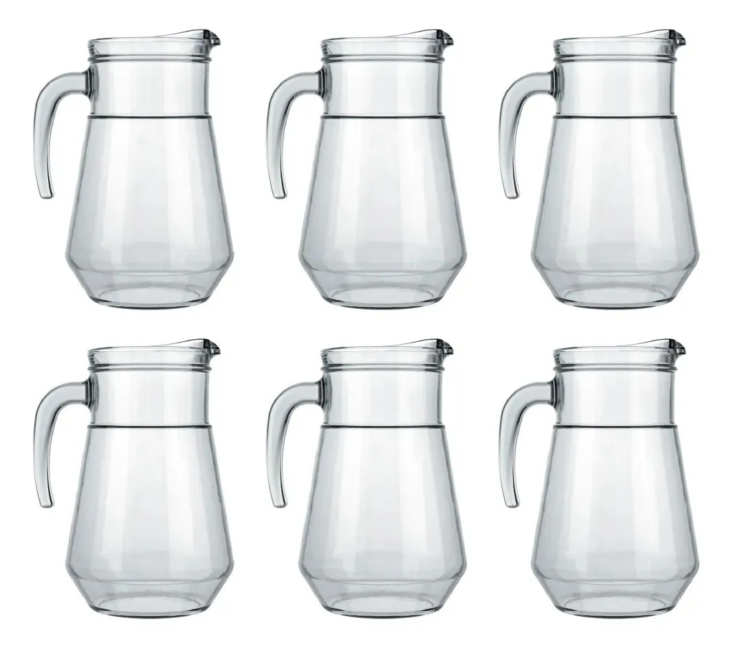 Conjunto de seis jarras de vidro transparente com alça, cada uma com capacidade de 1.5 litros, dispostas em uma grade de duas linhas e três colunas sobre fundo branco.