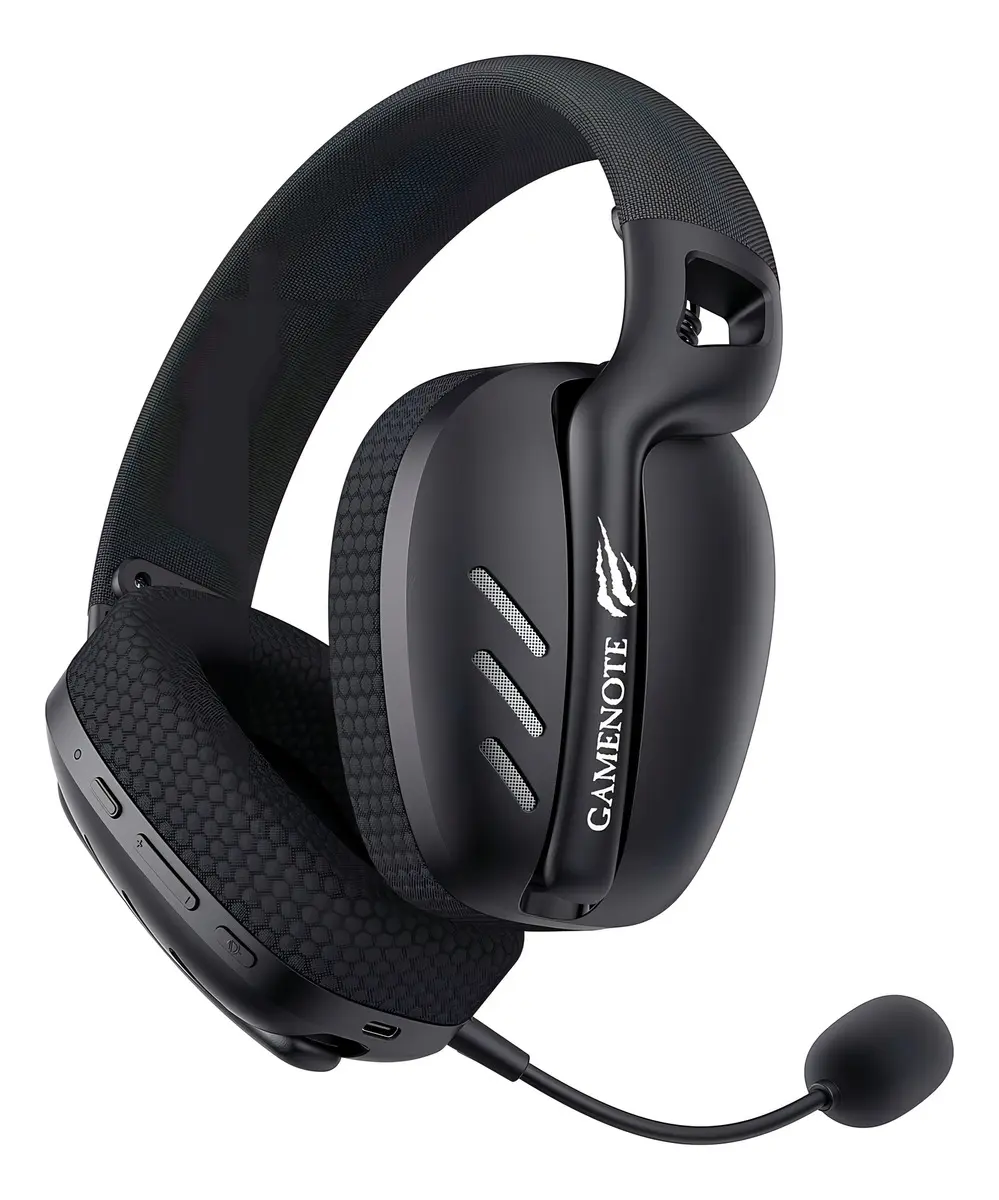 Vista lateral do headset Havit Fuxi H6 destacando detalhes do acabamento e botões de controle