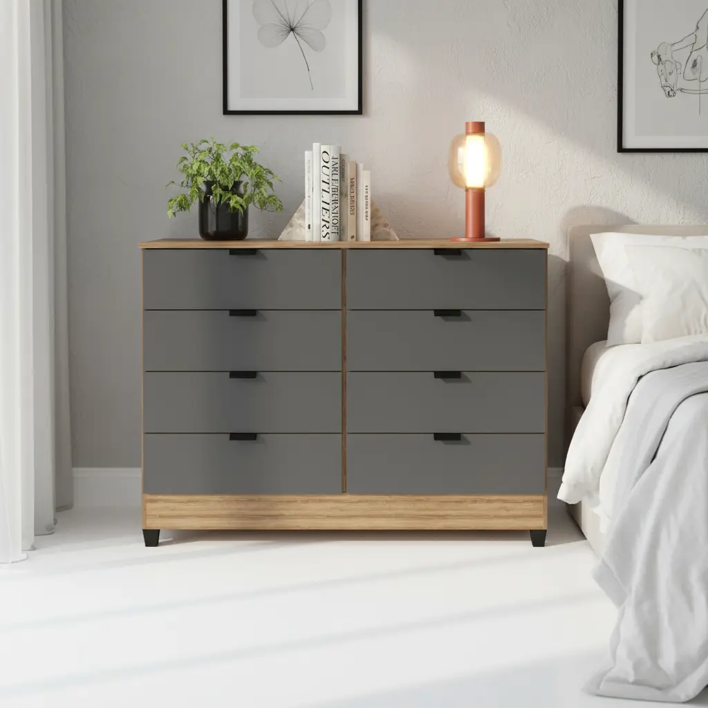 Cômoda Industrial Cor Cinza Chumbo 8 Gavetas P/ Quarto Casal Design Moderno