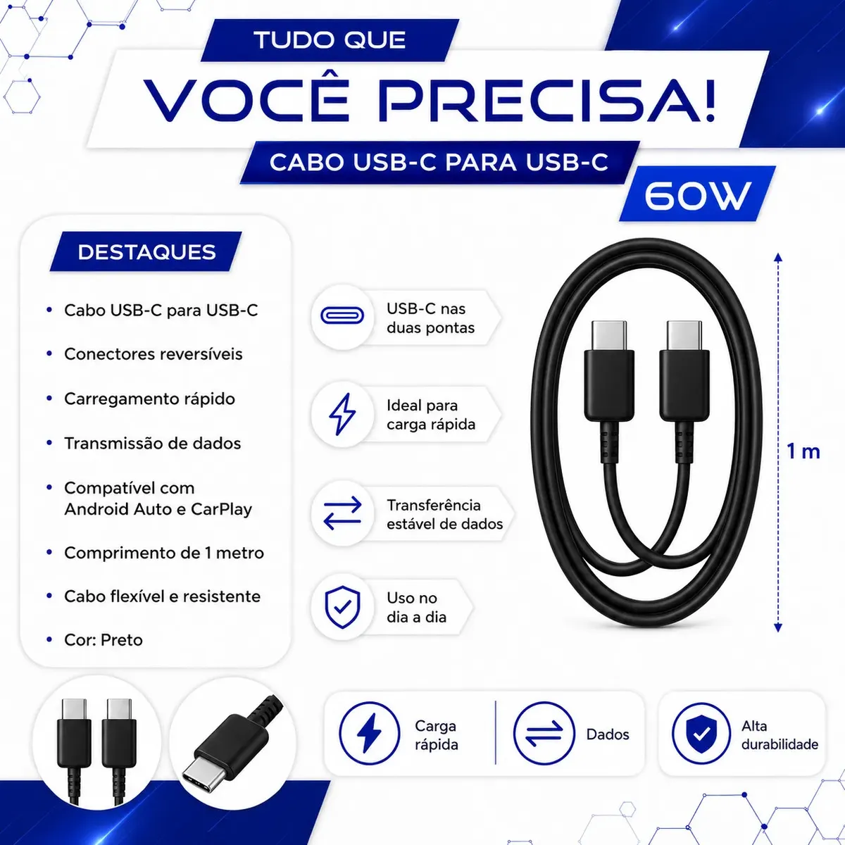 Cabo Carregador Turbo Usb C Duplo Para Samsung Galaxy A05 A06 A16 A17 S26 S25 S24 S23 S22 S21 Fe Para iPhone 15 16 17 Pro Max Cabo Blindado Reforçado Usb C Tipo C Carga Rápida E Transmissão De Dados - foto 3