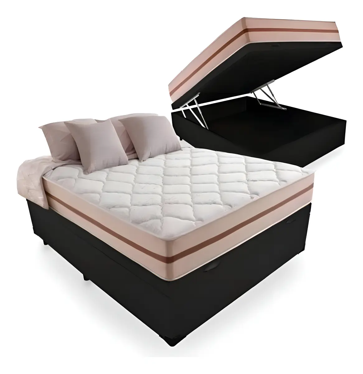Cama Box Baú Casal Com Colchão Pillow Angel Molas Ensacadas Cor Preto