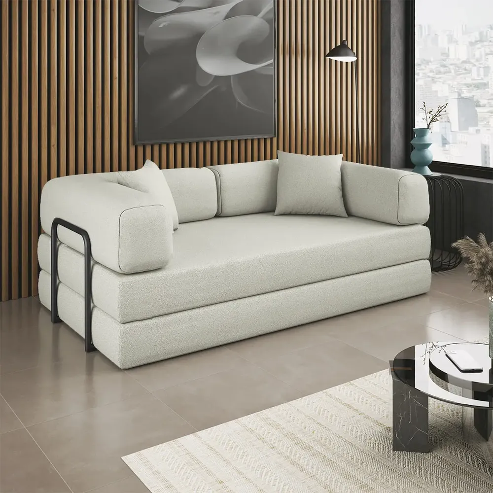 Sofá Cama Colchão Casal Compact Air Confortável Moderno Sala Bege Balaqui Decor