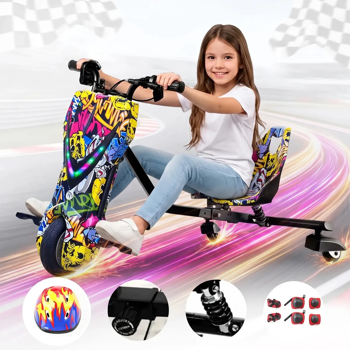 Triciclo Elétrico Drift para Crianças 8" com Amortecedor Bluetooth e LED Capacete e Kit de Proteção Hiphop