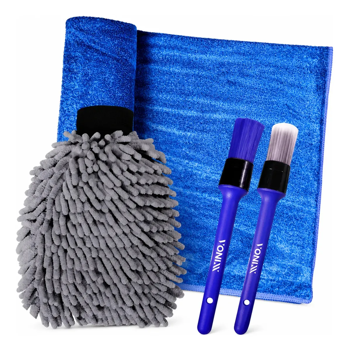 Kit Toalha Microfibra Azul 50x90cm 400GSM e Luva Chenille Detailer + Pincéis Interno e Externo Vonixx - kit toalha carro, toalha microfibra, luva chenille, pincel limpeza carro