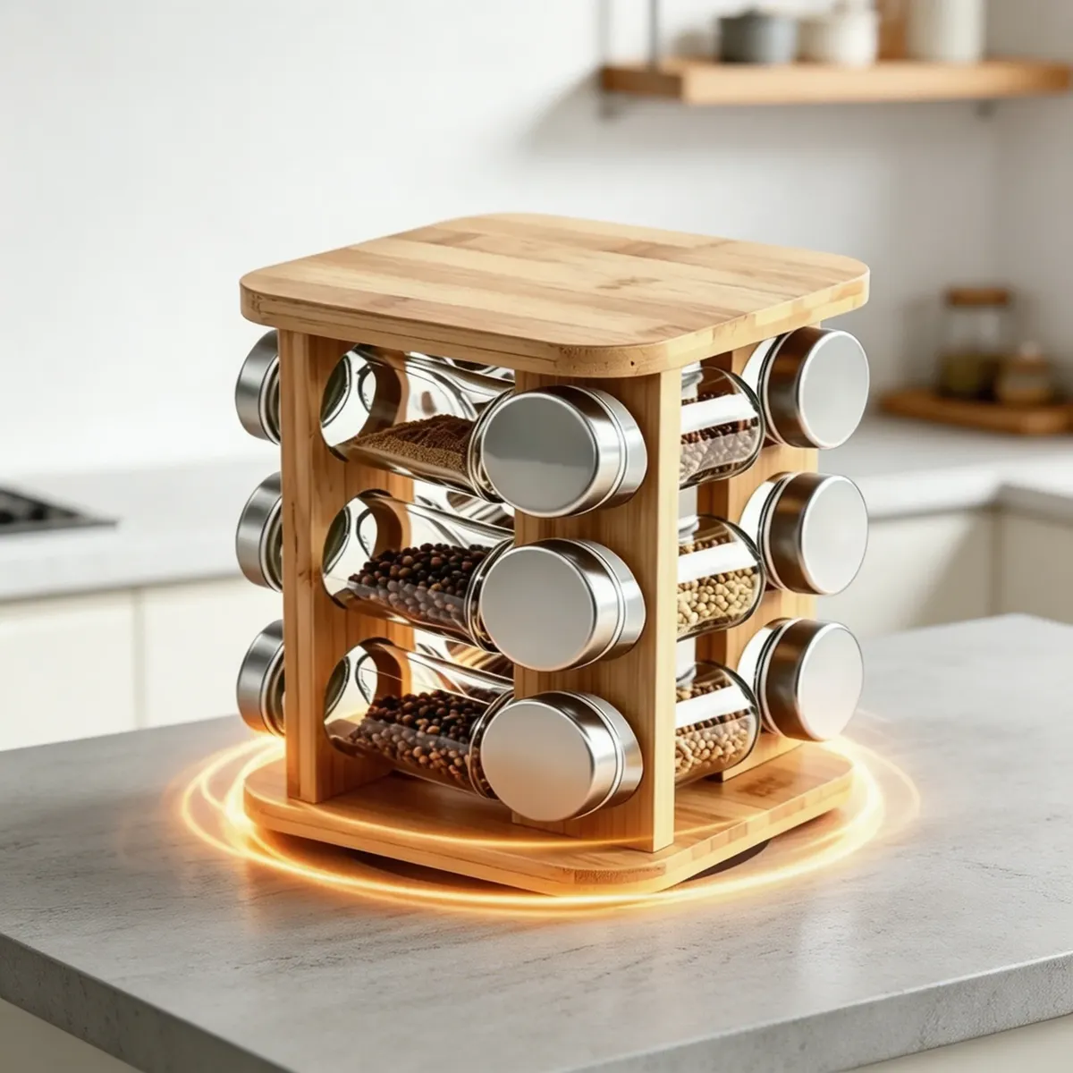Porta Temperos Giratório Bambu 12 Potes Cozinha Marrom Claro