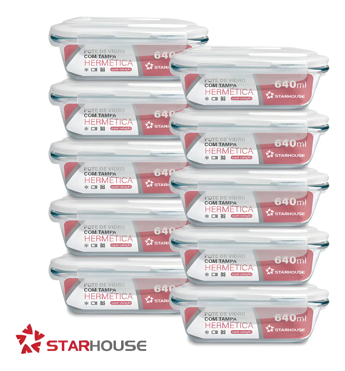 Kit 10 Potes Vidro 640ml Hermético Marmita Forno Refratário Star House
