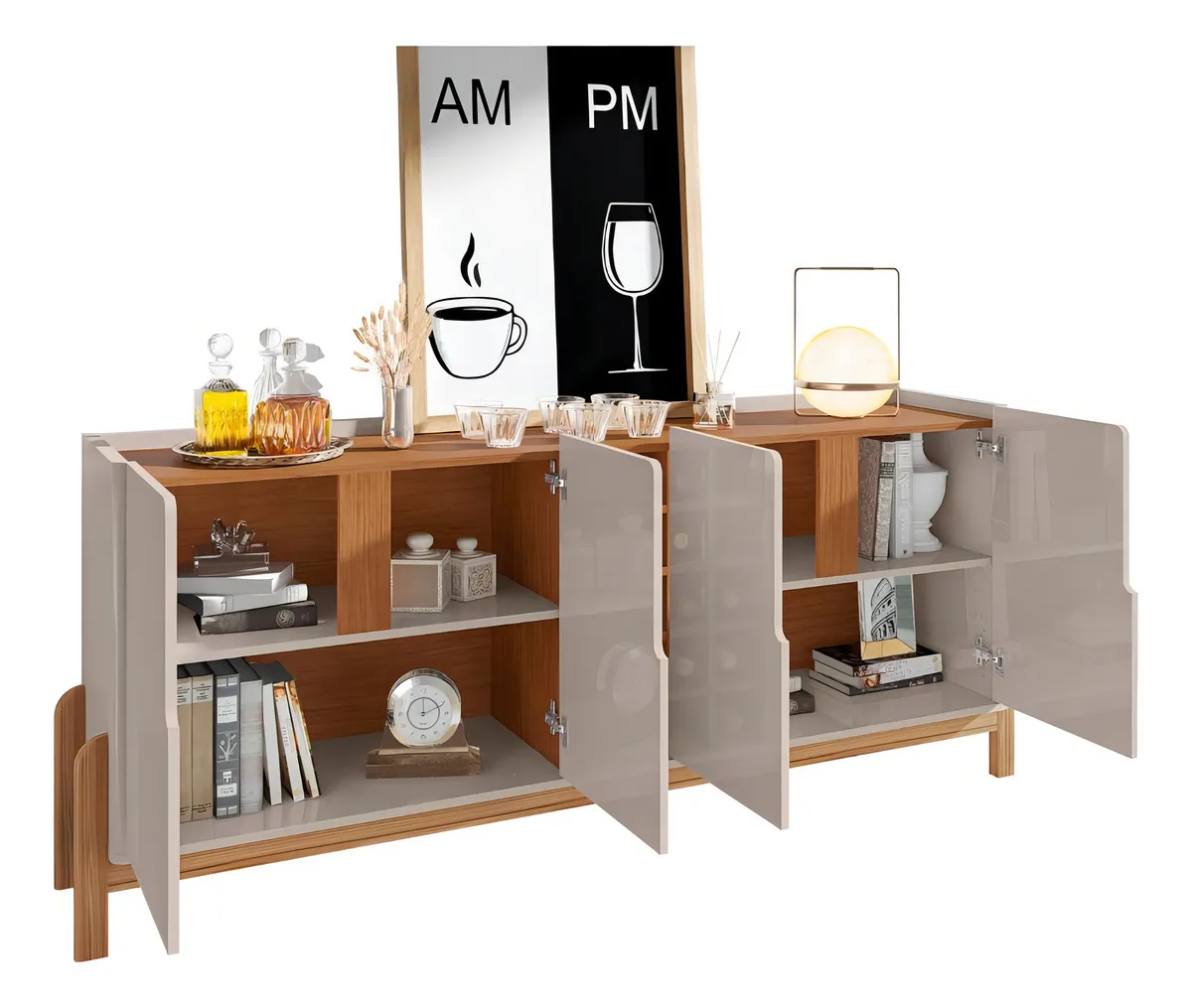 Aparador Buffet Sala Lizz 190cm Com Pés De Madeira Maciça Cor Off White/cedro - Libélula Moveis - Imagem 3
