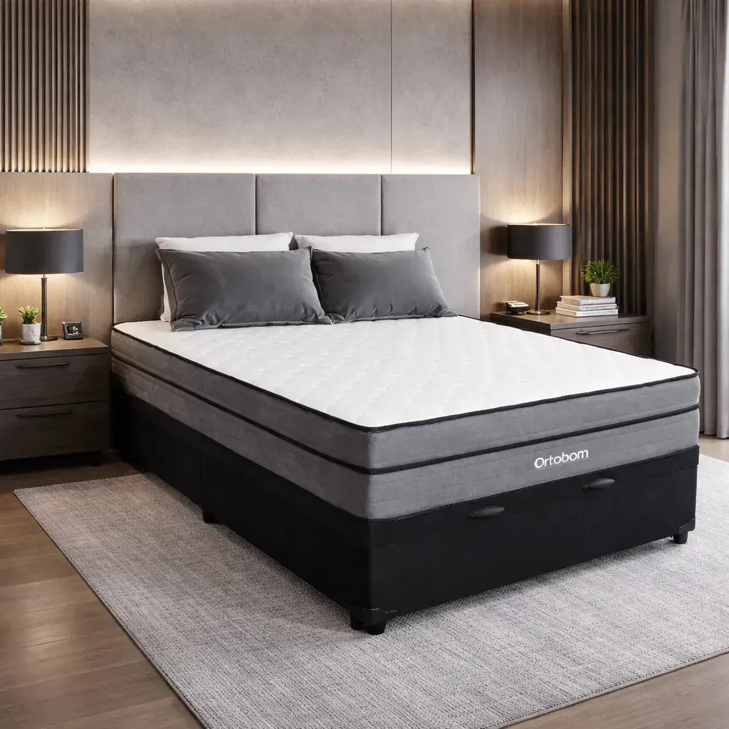 Cama Box Baú Ortobom Núvia Airtech Superpocket Casal Colchão Preto