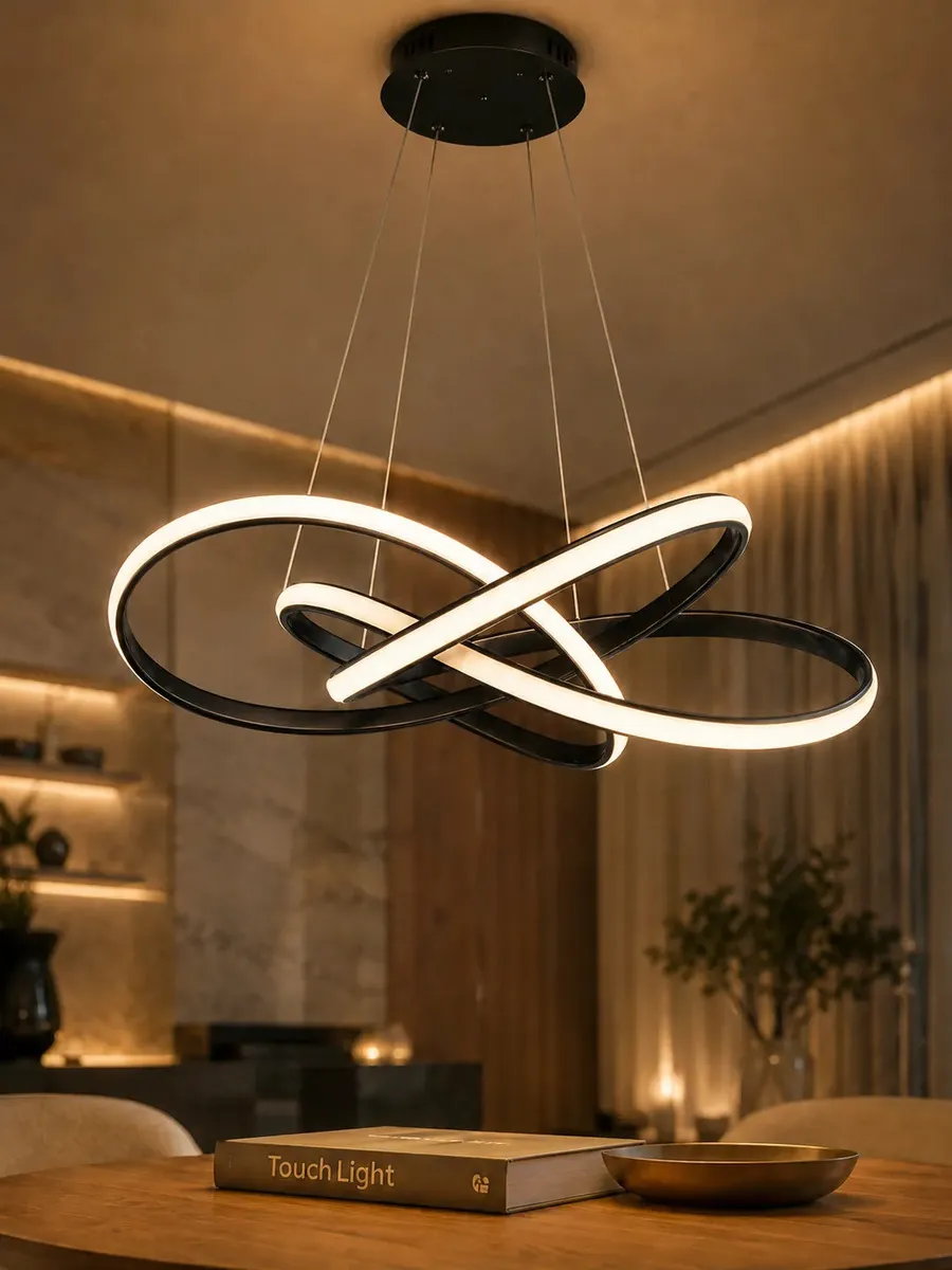 Lustre Pendente LED Curvas Infinito TouchLight 80W Preto Black 60cm Design Moderno Luz Quente 3200K Altura Regulável Bivolt Sala de Jantar Estar Ambientes Sofisticados Luxo