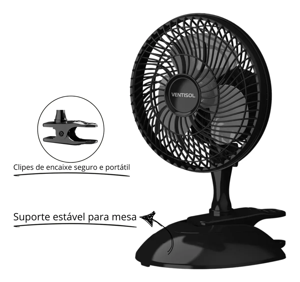 Micro Ventilador Ventisol 20cm 3 Pás Preto Clip Portátil De Mesa