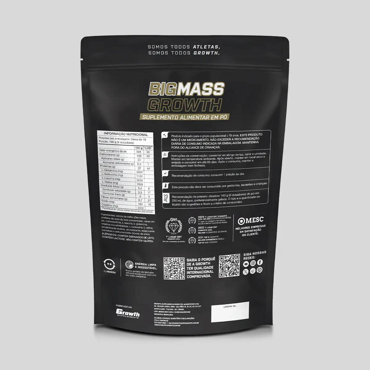 Hipercalórico Big Mass 3kg Growth Supplements - Sabor Chocolate