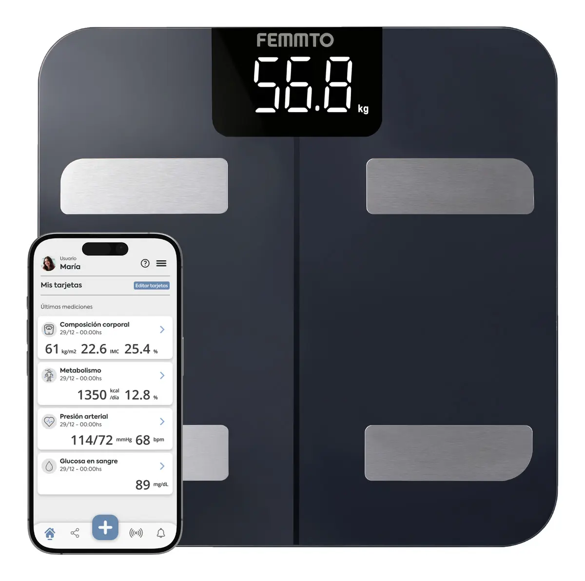 Balanza Digital con Bluetooth Femmto BCS13 para Baño Medidor de Grasa Corporal y Masa Muscular