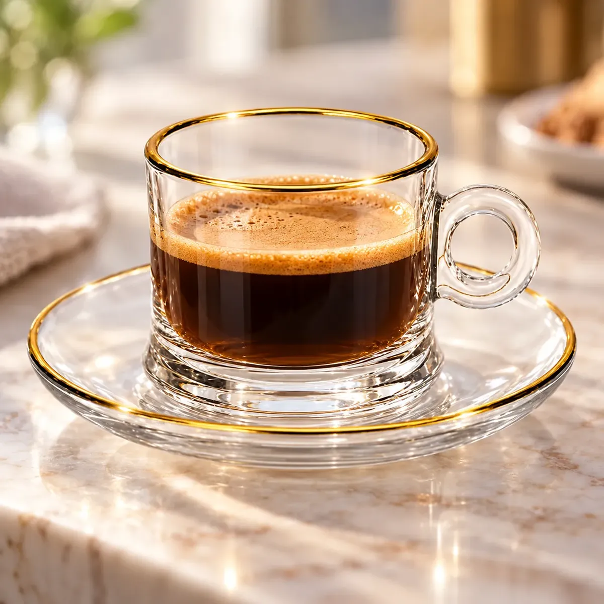 Jogo 6 Xícaras Café Chá Vidro 80ml Pires Borda Dourada