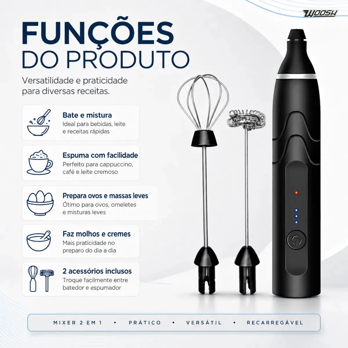 Detalhe do corpo do mixer portátil Woosh