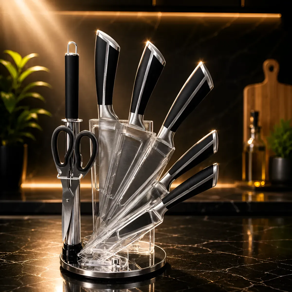 Kit 8 Peças Facas Inox Amolador Tesoura Suporte Giratório